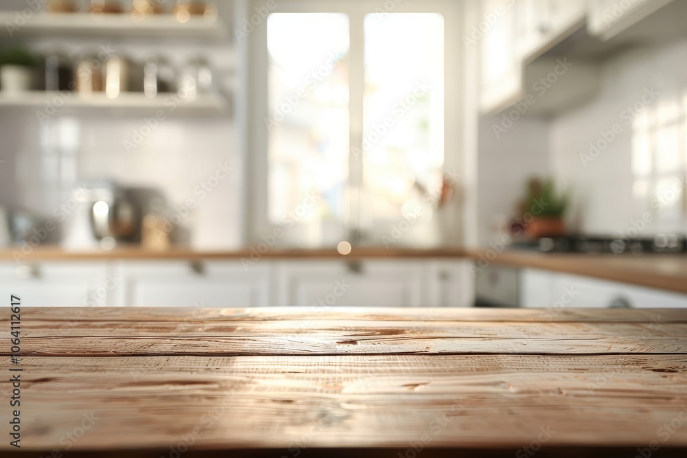 Empty wooden tabletop with a blurred background of a modern kitchen. Empty wooden tabletop with a blurred background of a modern kitchen.