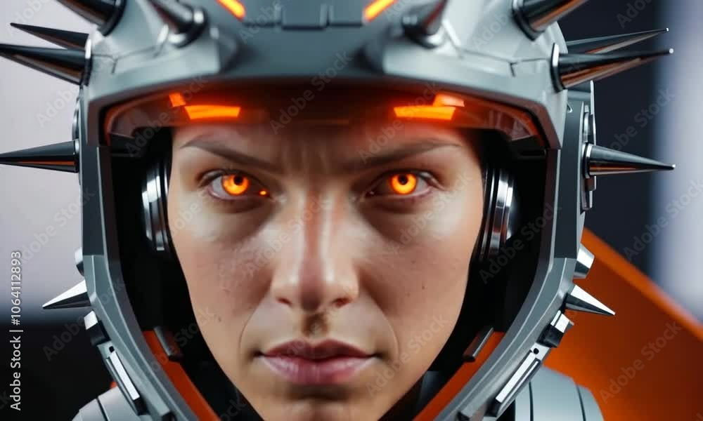 An intense close-up of a futuristic armored character in a sleek and spiked helmet, showcasing vibrant orange details and fierce determination An intense close-up of a futuristic armored character in a sleek and spiked helmet, showcasing vibrant orange details and fierce determination
