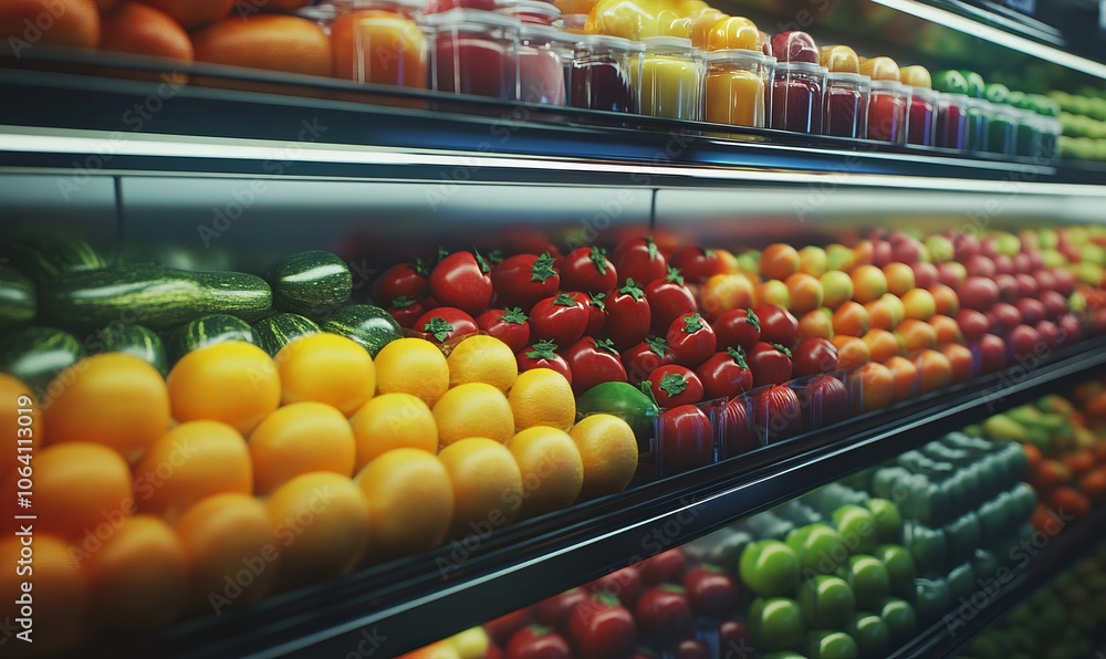 A low-angle photograph of a refrigerated shelf in a grocery store, showcasing a variety of vibrant fruits and vegetables arranged neatly A low-angle photograph of a refrigerated shelf in a grocery store, showcasing a variety of vibrant fruits and vegetables arranged neatly