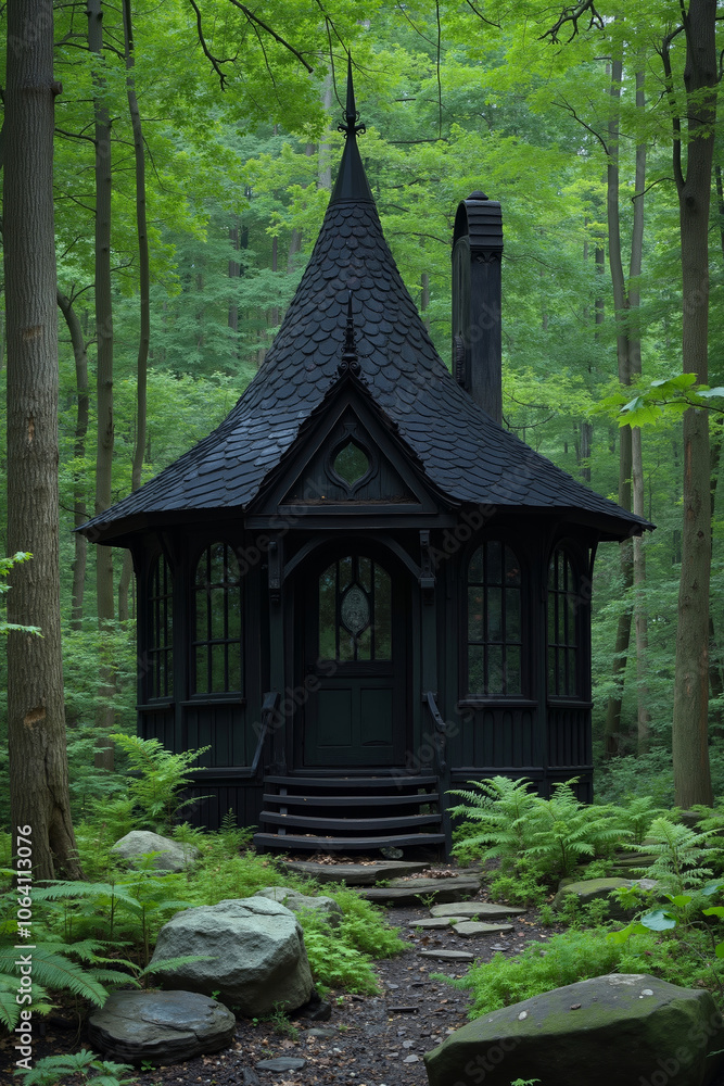 A black cabin with a pointed roof, surrounded by a forest A black cabin with a pointed roof, surrounded by a forest