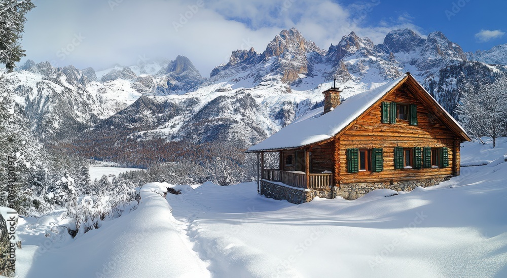 Cozy wooden cabin nestled in snow-covered mountain landscape Cozy wooden cabin nestled in snow-covered mountain landscape