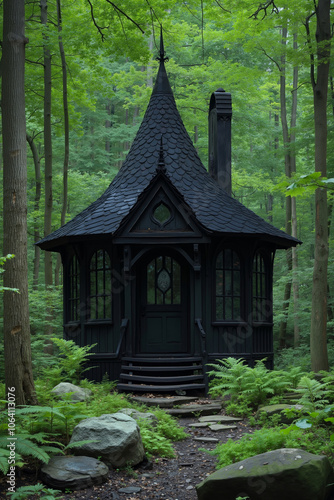 A black cabin with a pointed roof, surrounded by a forest