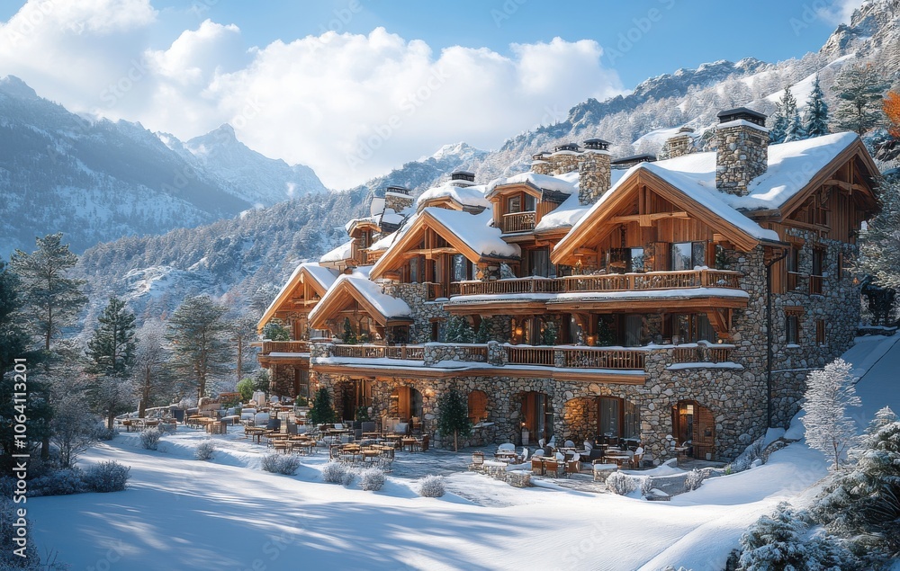 Chalet-style hotel nestled in snow-covered mountain scenery Chalet-style hotel nestled in snow-covered mountain scenery