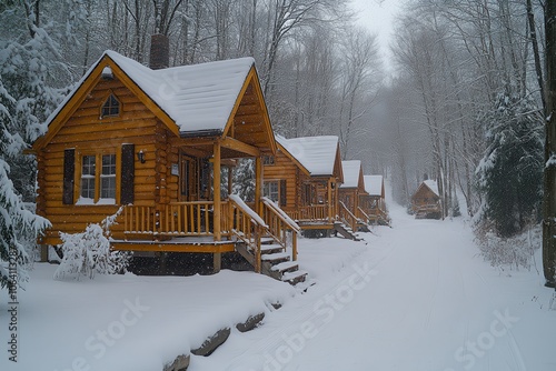 Peaceful log cabins nestled in a snowy forest setting photo