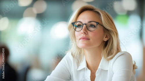 A thoughtful woman wearing glasses and a white shirt gazes upward, surrounded by an office environment, symbolizing inspiration and motivation in professional pursuits. Free Download A thoughtful woman wearing glasses and a white shirt gazes upward, surrounded by an office environment, symbolizing inspiration and motivation in professional pursuits. - GFXLoad