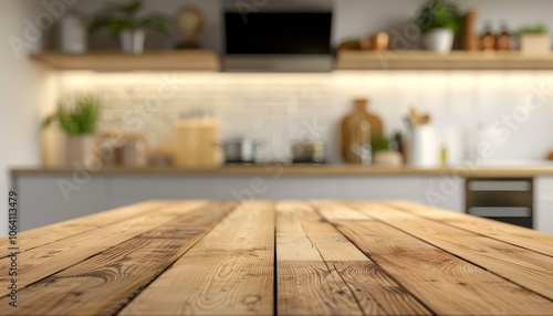 Close-up view of a rustic wooden table top with a blurred modern kitchen background.