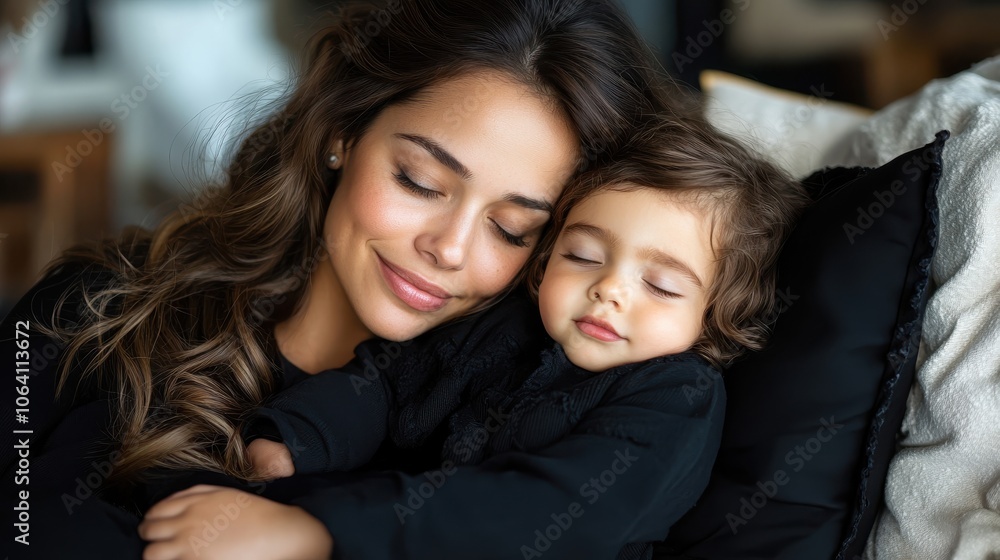 A serene and loving scene of a mother cuddling with her sleeping child, both enveloped in soft, dark clothing, embodying peace and affection. A serene and loving scene of a mother cuddling with her sleeping child, both enveloped in soft, dark clothing, embodying peace and affection.
