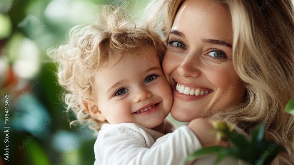 A vibrant and joyful portrait capturing a mother and her smiling happy child, surrounded by lush greenery, celebrating the happiness and bond they share. A vibrant and joyful portrait capturing a mother and her smiling happy child, surrounded by lush greenery, celebrating the happiness and bond they share.