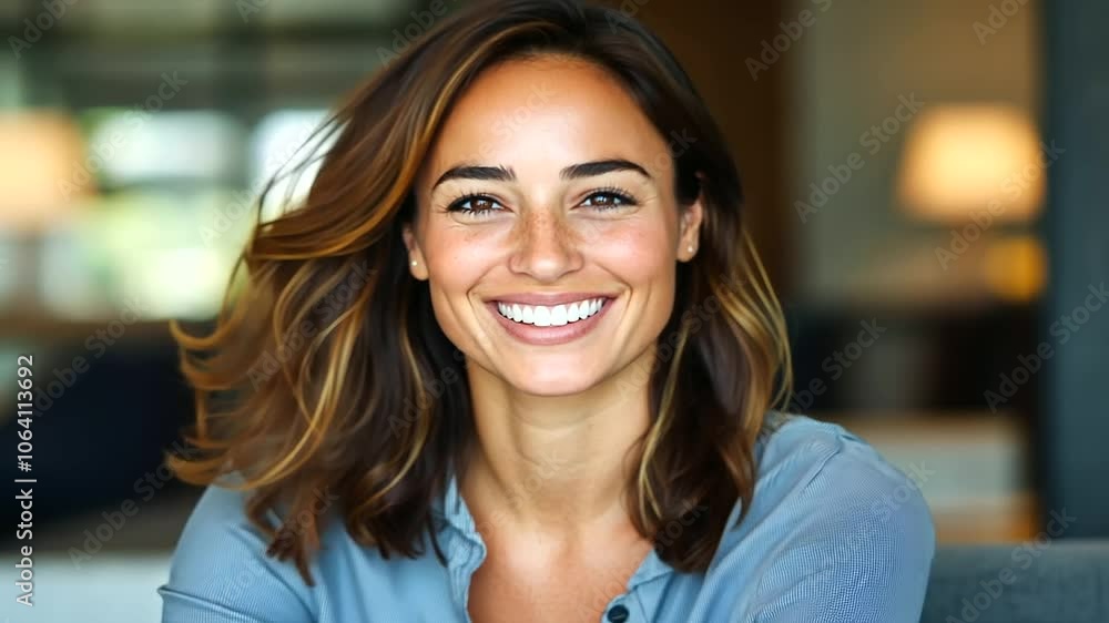 A horizontal, close-up shot of a confident, smiling businesswoman with a creative spark, sitting in a modern office space. She exudes warmth and inspiration, reflecting a blend A horizontal, close-up shot of a confident, smiling businesswoman with a creative spark, sitting in a modern office space. She exudes warmth and inspiration, reflecting a blend