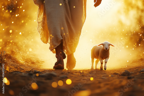 Jesus Christ Walking with One Lost Lamb photo