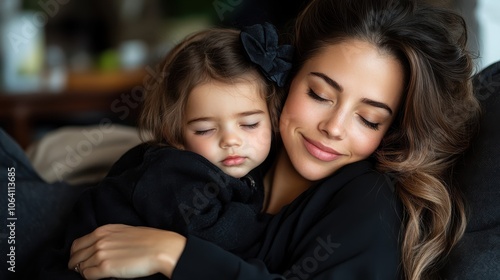 In a tranquil moment, a mom and her child peacefully embrace with eyes closed, clad in matching dark attire, symbolizing trust and profound connection.