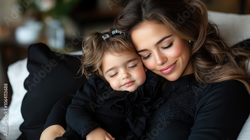 A heartfelt embrace between a mother and her daughter dressed in black, captured in a peaceful, cozy environment that exudes warmth and familial love. photo