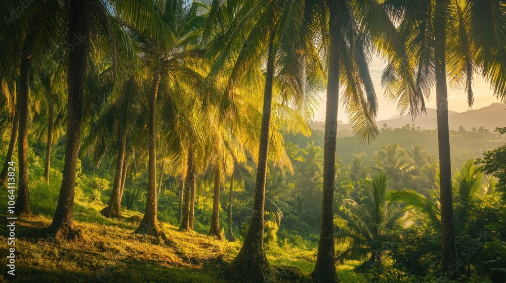A dense grove of palm trees with sunbeams filtering through the leaves, creating a warm glow on the lush green foliage. The trees are silhouetted against a hazy mountain range in the distance.