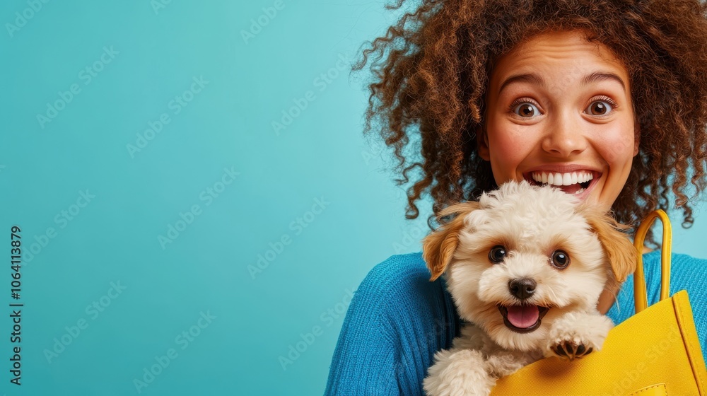 An excited woman with wide eyes holds her fluffy dog in a yellow tote, embodying humor, companionship, and the delightful essence of human-pet relationships. An excited woman with wide eyes holds her fluffy dog in a yellow tote, embodying humor, companionship, and the delightful essence of human-pet relationships.