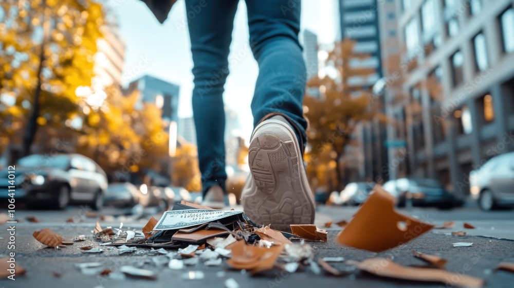 A person walks on an urban street with autumn leaves scattered around, stepping on a wallet that lays broken, suggesting themes of loss and abandonment on a city sidewalk. A person walks on an urban street with autumn leaves scattered around, stepping on a wallet that lays broken, suggesting themes of loss and abandonment on a city sidewalk.