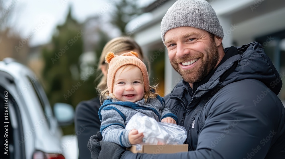 A father in a cozy winter jacket holding his daughter, warmly dressed with a beanie. They're ready for a winter adventure, reflecting family and care. A father in a cozy winter jacket holding his daughter, warmly dressed with a beanie. They're ready for a winter adventure, reflecting family and care.