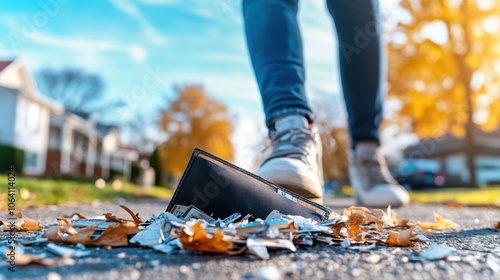 A person steps onto a black wallet amidst dry autumn leaves on a quiet suburban street, reflecting themes of abandonment and loss against a peaceful neighborhood backdrop. photo