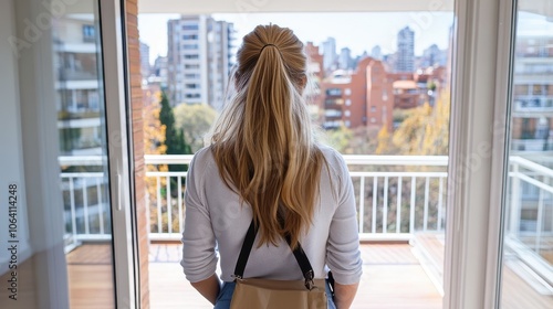 A young woman with long hair stands facing a vibrant cityscape on a balcony, appreciating the urban view, with buildings, trees, and a clear sky ahead. Free Download A young woman with long hair stands facing a vibrant cityscape on a balcony, appreciating the urban view, with buildings, trees, and a clear sky ahead. - GFXLoad