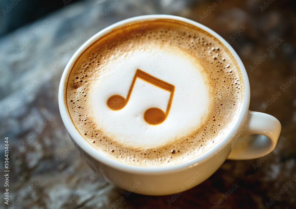 Musical note sign in latte art on top of coffee hot drink. Generative AI
