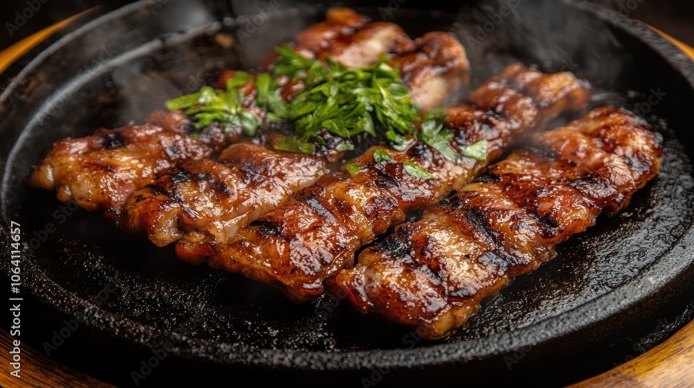 Close-up of grilled meat strips on a hot stone plate with garnish. Close-up of grilled meat strips on a hot stone plate with garnish.
