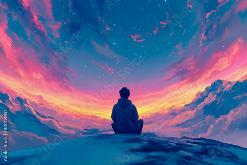 A person sitting on a rocky outcrop, looking at a vibrant sky with clouds and stars