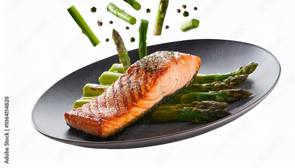 floated grilled salmon and asparagus falling into a plate isolate on White background PNG floated grilled salmon and asparagus falling into a plate isolate on White background PNG