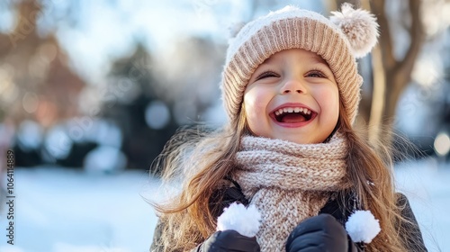 A carefree child with pom-pom hat and scarf beams a wide smile in a snowy landscape, embodying the spirit of freedom and joy found in wintry days outside. photo