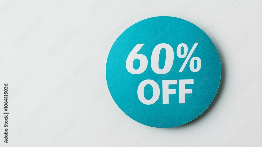 White '60% OFF' Text on a Turquoise Round Paper Note. White Background with Copy Space White '60% OFF' Text on a Turquoise Round Paper Note. White Background with Copy Space