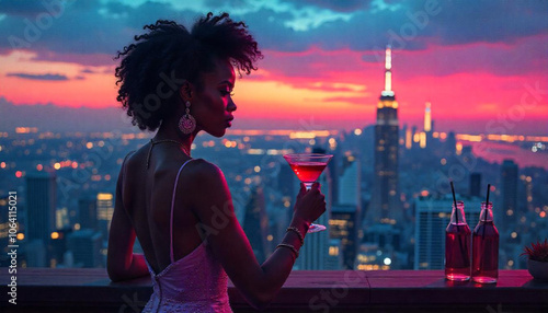 Uma ilustração de estilo vintage de uma mulher segurando um coquetel