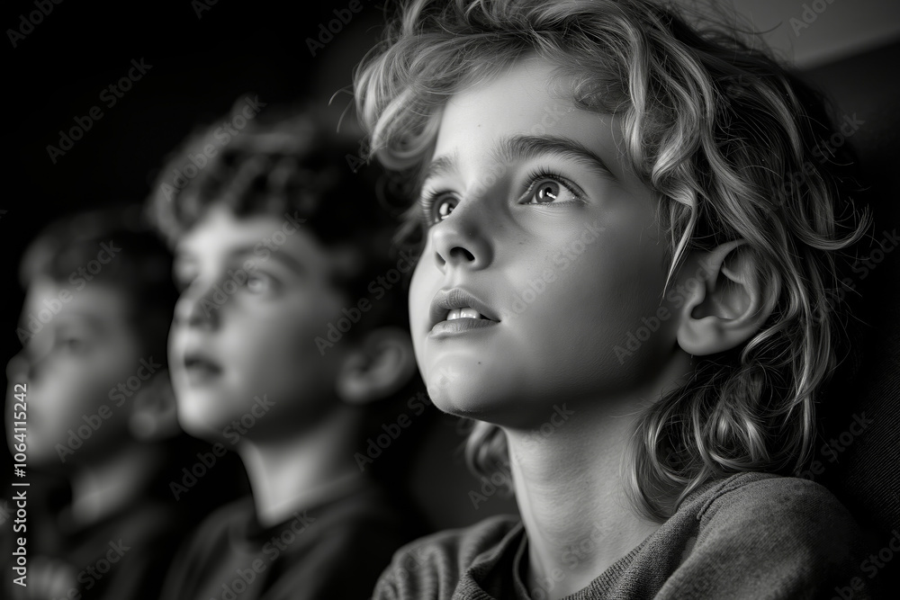 A black and white photograph of three children looking up at the sky A black and white photograph of three children looking up at the sky