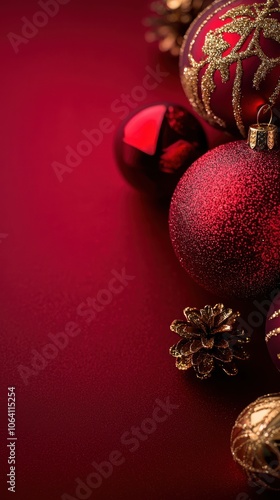 Red Christmas bauble with glitter, pine cone, and ribbon on a red background