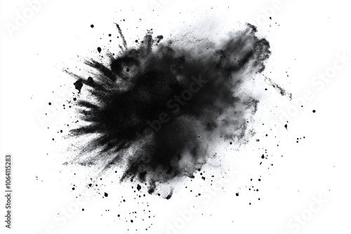 Black charcoal dust explosion texture isolated on white background. Charcoal powder cloud, gunpowder blast, black dust, gritty, industrial, texture, macro, close-up, background, white, contrast,
