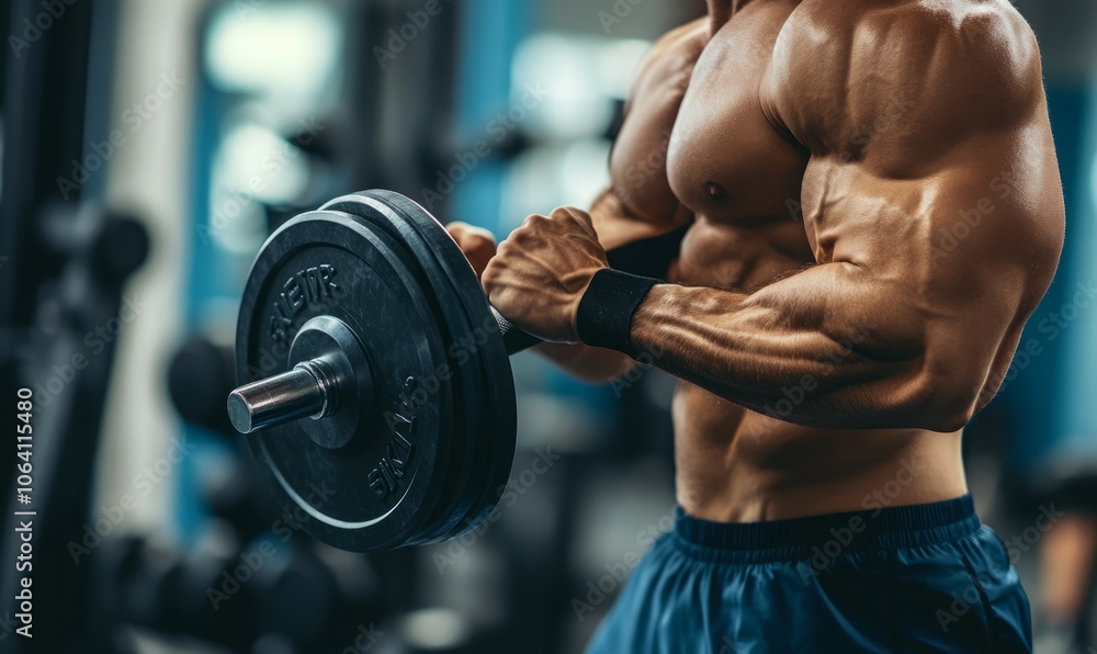 A muscular man performs a bicep curl with a barbell in a well-equipped gym, focusing on his workout A muscular man performs a bicep curl with a barbell in a well-equipped gym, focusing on his workout