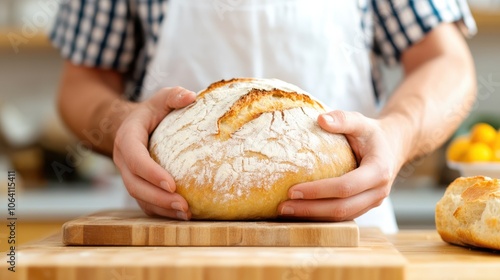 Artisan bread, with a rustic crust, sits on a wooden cutting board, showcasing the beauty of handmade culinary artistry in a warm and inviting kitchen setting. photo