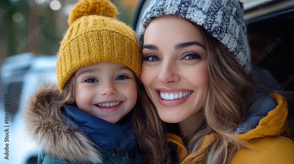 Mother and daughter beam widely while wrapped in yellow and blue warm attire, radiating happiness, as they spend quality time in an outdoor setting by a van. Mother and daughter beam widely while wrapped in yellow and blue warm attire, radiating happiness, as they spend quality time in an outdoor setting by a van.