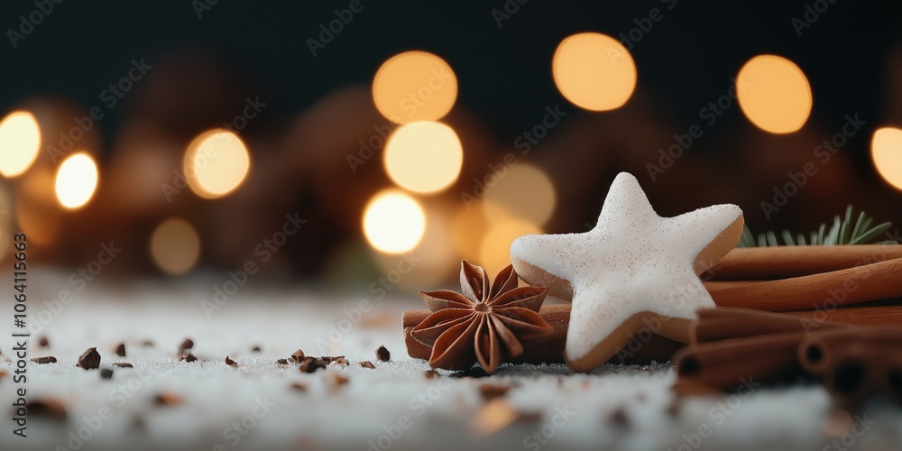 Anise star and cinnamon sticks on a Christmas background Anise star and cinnamon sticks on a Christmas background