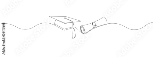 Continuous single line drawing graduation cap and diploma rolled up with award badge .Concept of achievement in education. Vector Illustration.