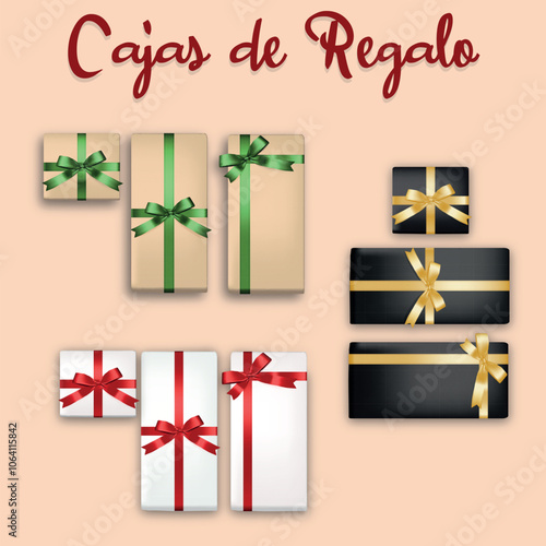 Set de tres elegantes diseños de cajas de regalo, en color cartón, negro y blanco, con lazos decorativos en color verde, dorado y rojo, diseño vectorial.