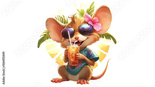 Cool Mouse in Hawaiian Shirt Enjoying a Tropical Drink Generative AI