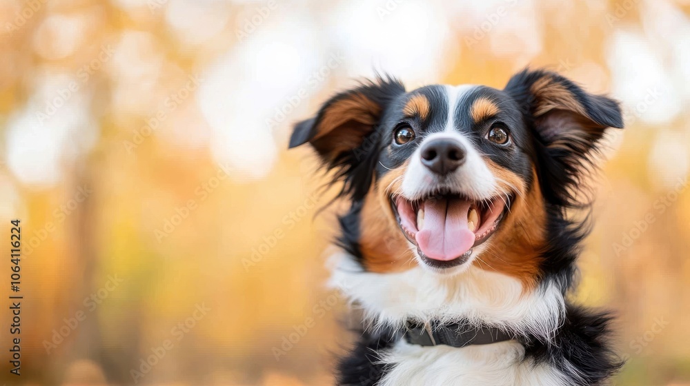A spirited dog with a tri-color fur coat of black, white, and brown, panting happily in an outdoor setting, epitomizing happiness and vitality. A spirited dog with a tri-color fur coat of black, white, and brown, panting happily in an outdoor setting, epitomizing happiness and vitality.
