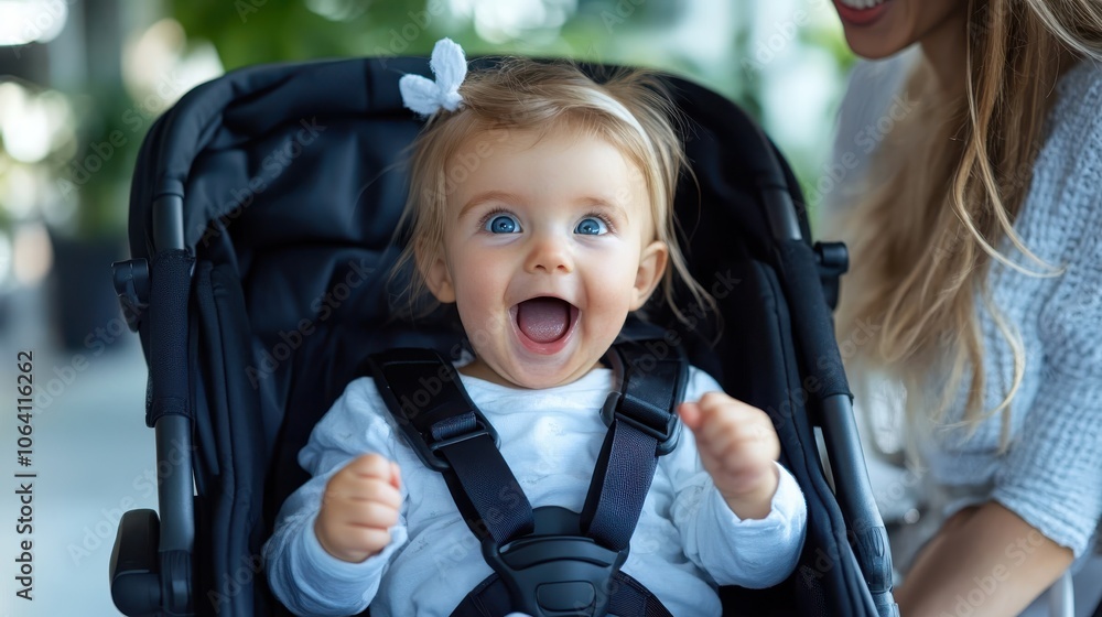 An adorable baby exhibits joy and excitement while seated in a stroller, with a partially visible guardian offering a sense of care, love, and protection nearby. An adorable baby exhibits joy and excitement while seated in a stroller, with a partially visible guardian offering a sense of care, love, and protection nearby.