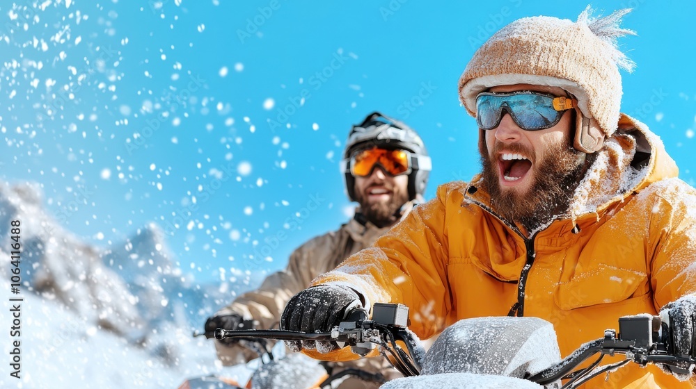 Φωτογραφία Two men share the thrill of riding through snow-covered trails on snowmobiles, dressed warmly and fully equipped for a day of exhilarating winter sports activity