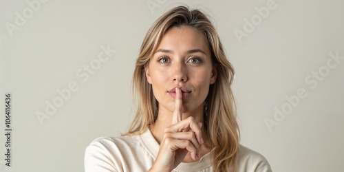 Young woman gesturing with finger on lips