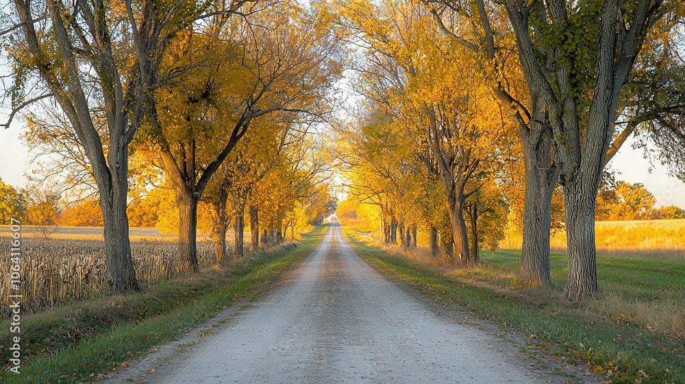 Fototapeta premium A dirt road, encircled by trees with golden leaves, has grass on either side The road is bordered by tall grass and yellow foliage