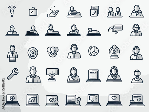 Help and support icon collection set. Containing assistance, service, aid, desk, guidance, relief, backing icon. Simple line vector.