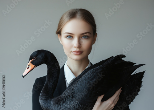 businesswoman with black swan stock market omen