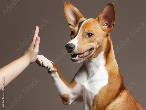 Basenji dog smiling and giving a playful high five