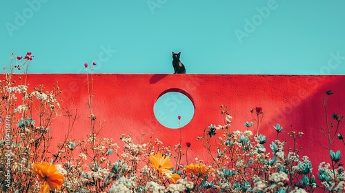  A black cat perched on a red wall with wildflowers surrounding it and a gaping hole nearby