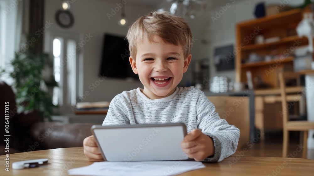 A young boy sits at a table in a cozy living room, laughing joyfully as he interacts with content on a white tablet, surrounded by homey decor and light. A young boy sits at a table in a cozy living room, laughing joyfully as he interacts with content on a white tablet, surrounded by homey decor and light.