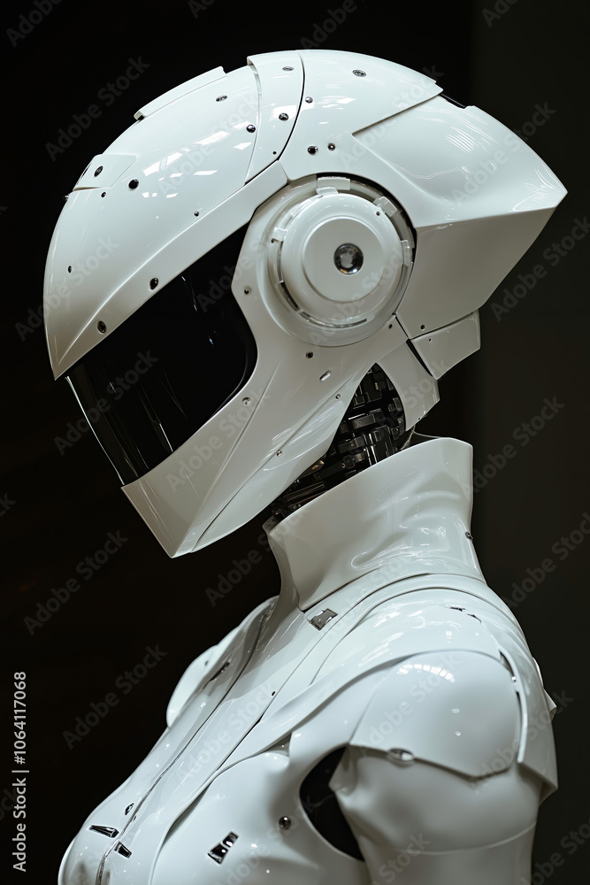 A white robotic suit with a helmet and visor A white robotic suit with a helmet and visor